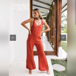 Chintamani Alchemistry 100% Linen Jumpsuit Overalls Red Ochre Strappy Wide Leg